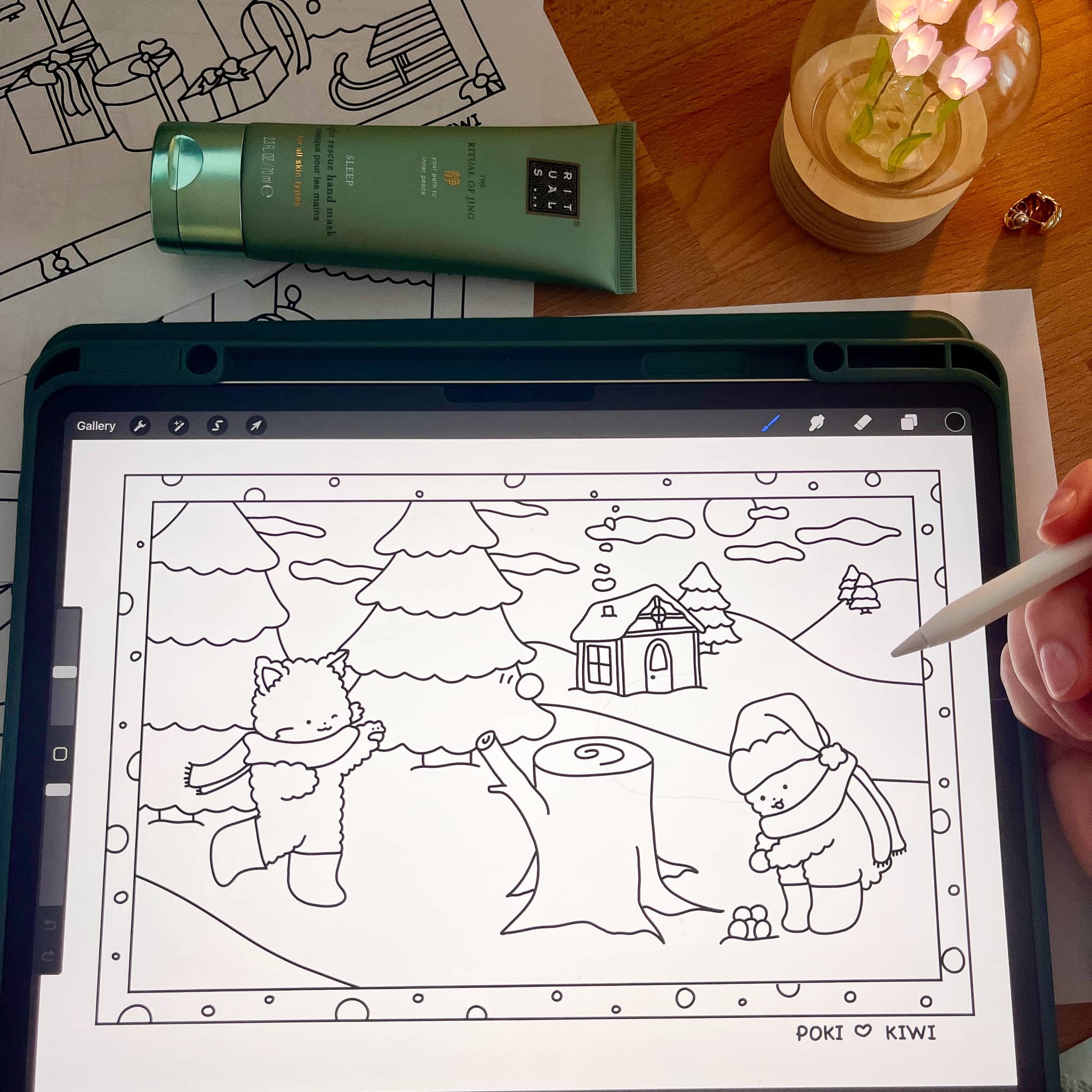 Drawing a coloring page - Poki and Kiwi - Hand drawn Coloring Sheets by Artist