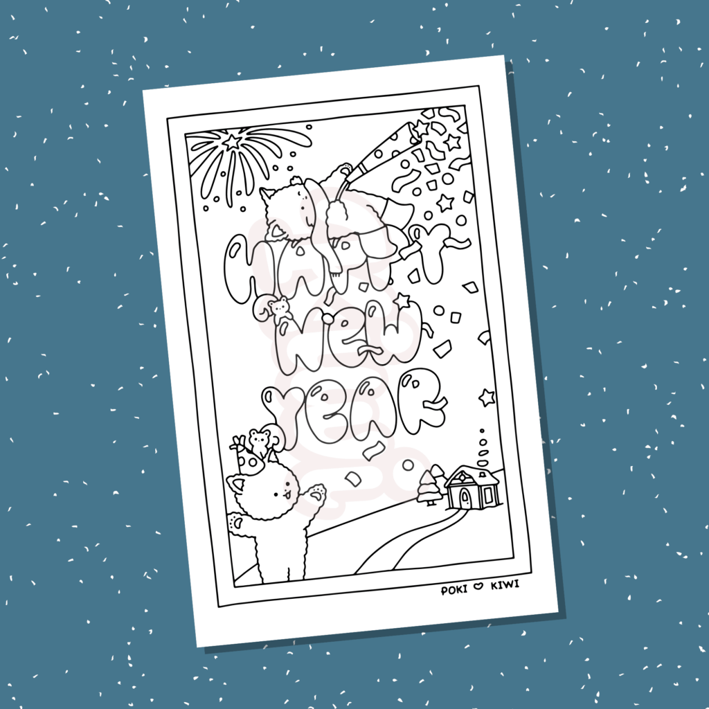 January Coloring Page- New Years Eve - Cute Cats Poki and Kiwi