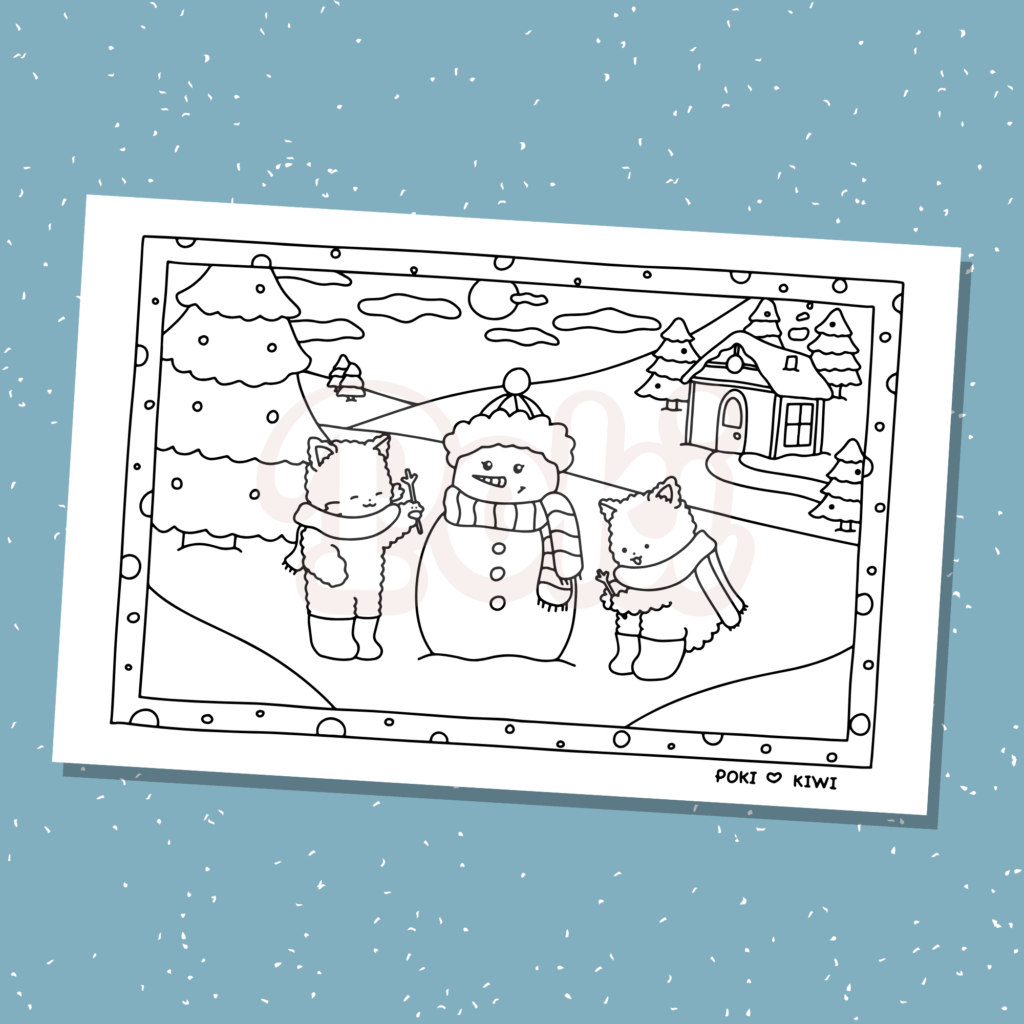 Cute Snowman Winter Coloring Page - Poki and Kiwi Cats