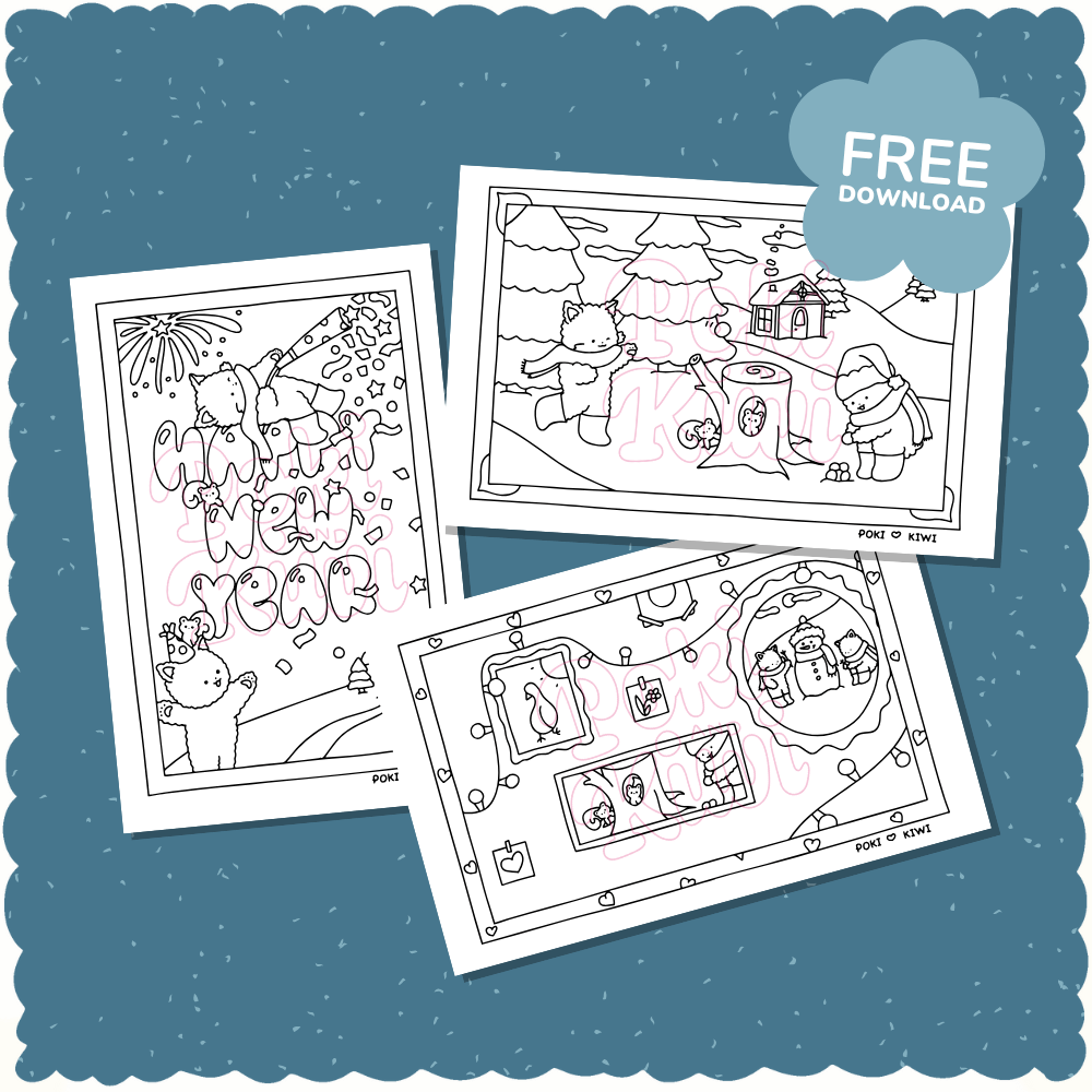 January Coloring Pages - Free Digital Download - Poki and Kiwi - Cute Cat Coloring Sheets